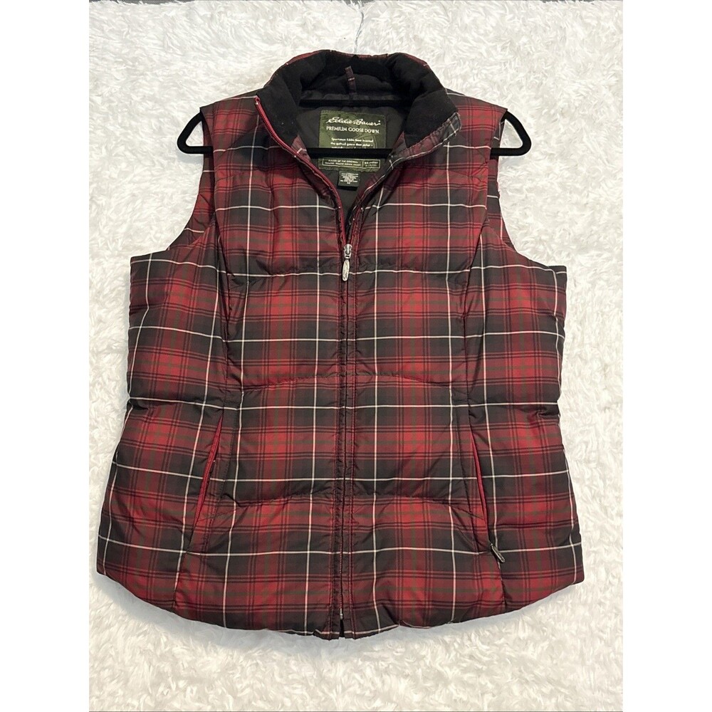 EDDIE BAUER Quilted Puffer Vest Jacket Plaid Goose Down Red Black Premium Sz M